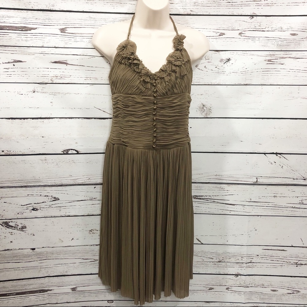 BCBGMaxAzria Halter Pleated Embellished Silk Blend Ruffle Dress